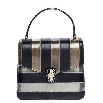 Pre Owned Bvlgari Tri Color Leather and Patent Leather Serpenti Forever Flap Top Handle Bag