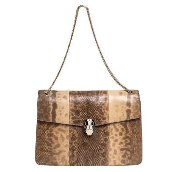 Pre Owned Bvlgari Beige Karung Medium Serpenti Forever Flap Shoulder Bag