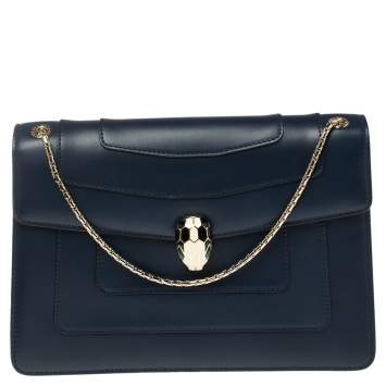 Pre Owned Bvlgari Navy Blue Leather Medium Serpenti Forever Flap Shoulder Bag