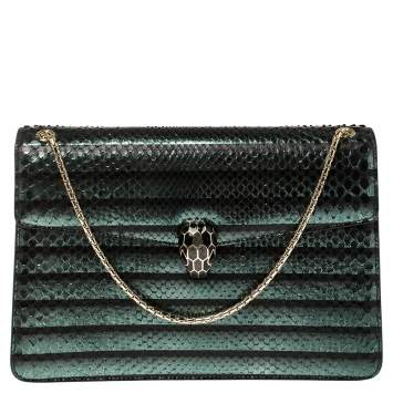 Pre Owned Bvlgari Green Python Medium Serpenti Forever Flap Shoulder Bag