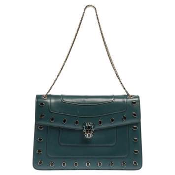 Pre Owned Bvlgari Green Leather Medium Studded Serpenti Forever Flap Shoulder Bag