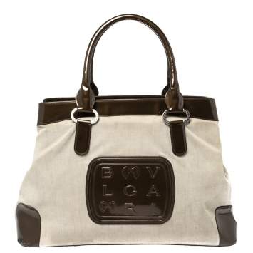 Pre Owned Bvlgari Dark Brown/Grey Canvas and Patent Leather Middle Zip Tote