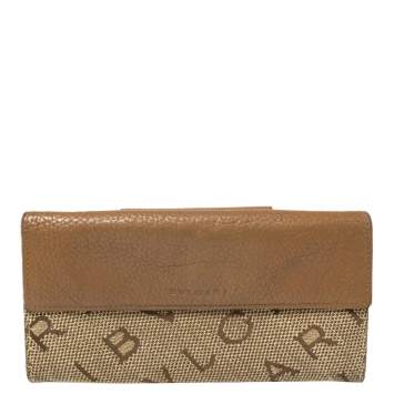 Pre Owned Bvlgari Brown/Beige Mania Canvas and Leather Double Flap Continental Wallet
