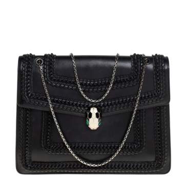Pre Owned Bvlgari Black Leather Large Plisse Serpenti Forever Shoulder Bag