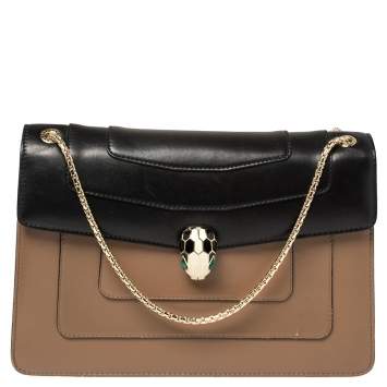Pre Owned Bvlgari Tan/Black Leather Medium Serpenti Forever Flap Shoulder Bag