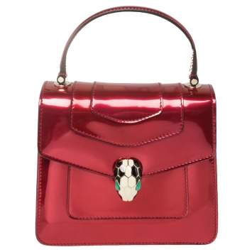 Pre Owned Bvlgari Red Metallic Leather Serpenti Forever Flap Top Handle Bag