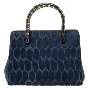 Pre Owned Bvlgari Blue Leather and Calf Hair Serpenti Scaglie Tote