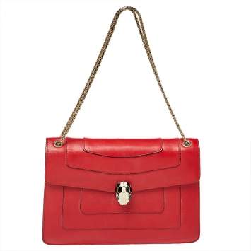 Pre Owned Bvlgari Red Leather Medium Serpenti Forever Flap Shoulder Bag