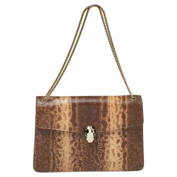 Pre Owned Bvlgari Beige Karung Medium Serpenti Forever Flap Shoulder Bag