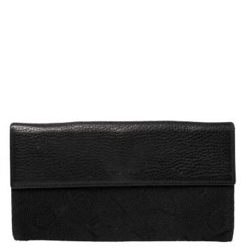 Pre Owned Bvlgari Black Logo Mania Canvas and Leather Flap Continental Wallet