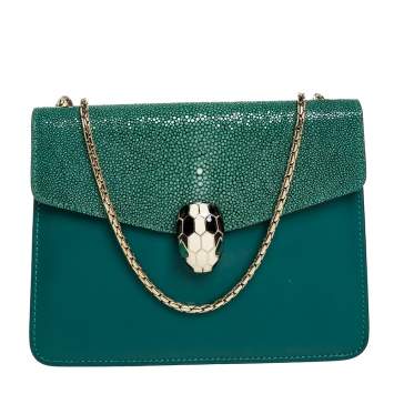 Pre Owned Bvlgari Green Stingray and Leather Serpenti Forever Shoulder Bag
