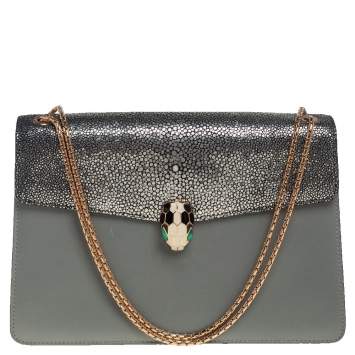 Pre Owned Bvlgari Grey Stingray and Leather Medium Serpenti Forever Shoulder Bag