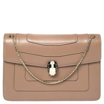 Pre Owned Bvlgari Dark Beige Leather Medium Serpenti Forever Shoulder Bag