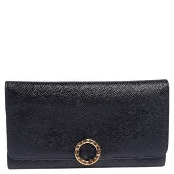 Pre Owned Bvlgari Black Leather Logo Round Bit Continental Wallet