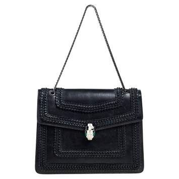 Pre Owned Bvlgari Black Leather Large Plisse Serpenti Forever Shoulder Bag