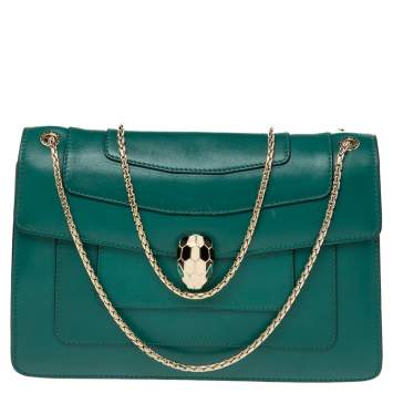Pre Owned Bvlgari Green Leather Medium Serpenti Forever Flap Shoulder Bag