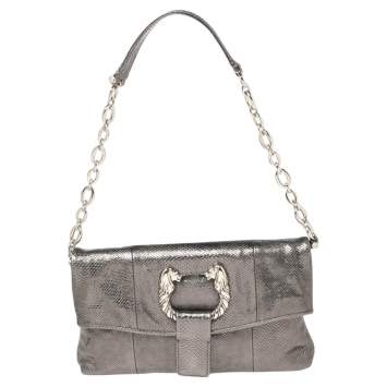 Pre Owned Bvlgari Metallic Grey Snakeskin Leather Leoni Flap Shoulder Bag