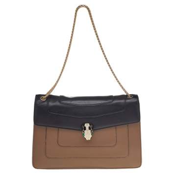 Pre Owned Bvlgari Beige/Black Leather Medium Serpenti Forever Flap Shoulder Bag