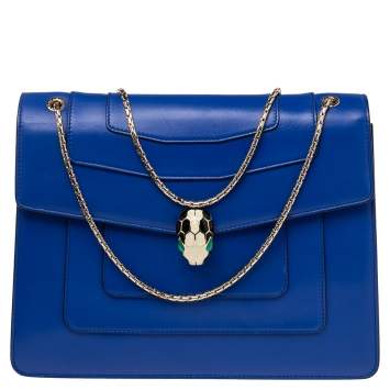 Pre Owned Bvlgari Blue Leather Large Serpenti Forever Flap Shoulder Bag