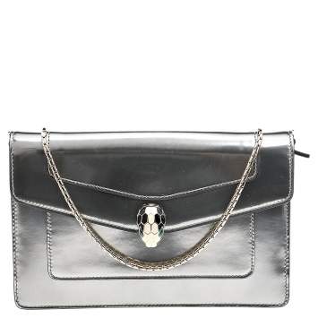 Pre Owned Bvlgari Metallic Silver Patent Leather Serpenti Forever Wallet on Chain