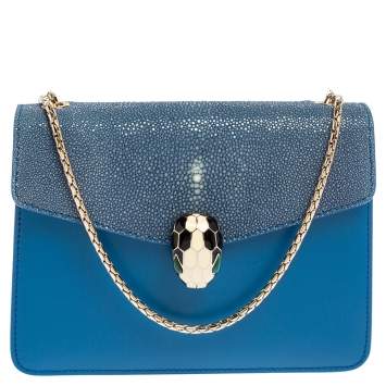 Pre Owned Bvlgari Blue Stingray and Leather Serpenti Forever Shoulder Bag