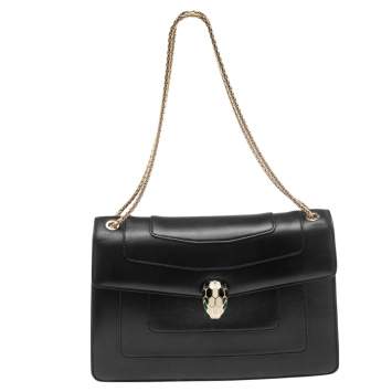 Pre Owned Bvlgari Black Leather Medium Serpenti Forever Flap Shoulder Bag