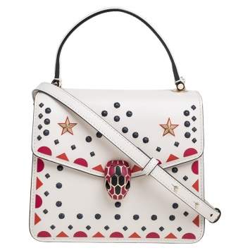Pre Owned Bvlgari White Leather Embellished Serpenti Forever Flap Top Handle Bag