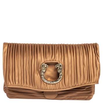 Pre Owned Bvlgari Metallic Brown Pleated Satin Clutch
