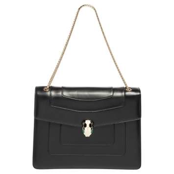 Pre Owned Bvlgari Black Leather Large Serpenti Forever Flap Shoulder Bag