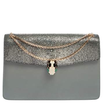 Pre Owned Bvlgari Grey Stingray and Leather Medium Serpenti Forever Shoulder Bag
