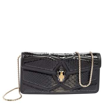 Pre Owned Bvlgari Black Leather And Python Serpenti Forever Chain Clutch