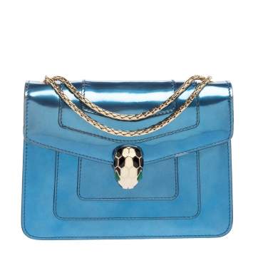 Pre Owned Bvlgari Metallic Blue Patent Leather Serpenti Forever Shoulder Bag