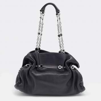 Pre Owned Bvlgari Black Pleated Leather Chain Shoulder Bag