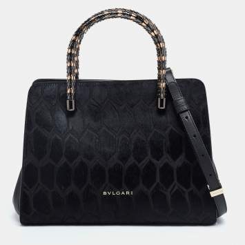 Pre Owned Bvlgari Black Leather and Calf Hair Serpenti Scaglie Tote