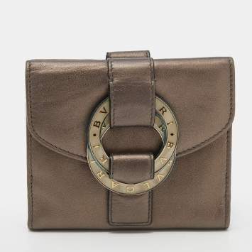 Pre Owned Bvlgari Metallic Brown Leather Double Ring Flap Compact Wallet