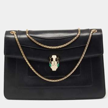 Pre Owned Bvlgari Black Leather Medium Serpenti Forever Flap Shoulder Bag
