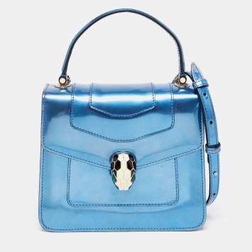 Pre Owned Bvlgari Blue Laminated Leather Serpenti Forever Flap Top Handle Bag
