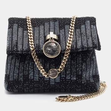 Pre Owned Bvlgari Black Satin Beads Embellished Monette Chain Shoulder Bag