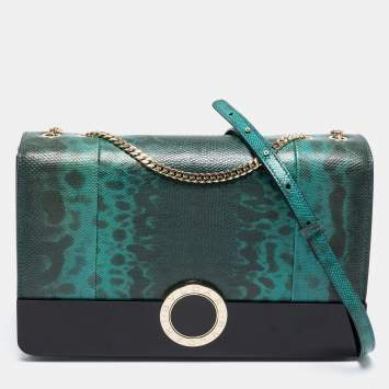 Pre Owned Bvlgari Green/Black Karung Leather and Perspex Flap Cover Shoulder Bag