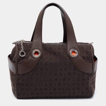 Pre Owned Bvlgari Brown Logo Mania Fabric and Leather Boston Bag