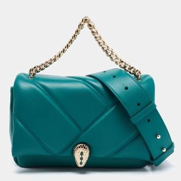 Pre Owned Bvlgari Green Quilted Leather Small Serpenti Cabochon Crossbody Bag