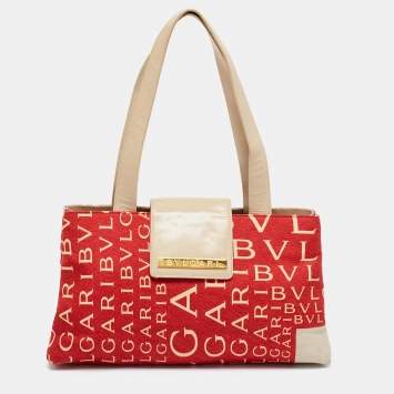 Pre Owned Bvlgari Red/Beige Logo Mania Fabric and Leather Baguette Bag