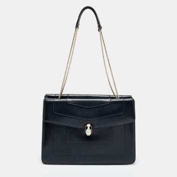 Pre Owned Bvlgari Black Leather  Serpenti Forever Double Flap Shoulder Bag