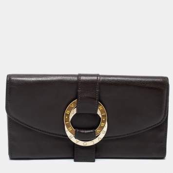Pre Owned Bvlgari Dark Brown Leather Double Ring Flap Continental Wallet