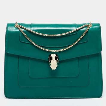 Pre Owned Bvlgari Green Leather Large Serpenti Forever Shoulder Bag