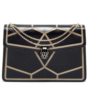 Pre Owned Bvlgari Black Leather Serpenti Forever Chain Frame Shoulder Bag