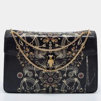 Pre Owned Bvlgari Black Lizard Medium Serpenti Flap Shoulder Bag