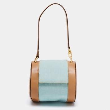 Pre Owned Bvlgari Brown/Light Beige Logo Mania Canvas and Leather Cylinder Bag