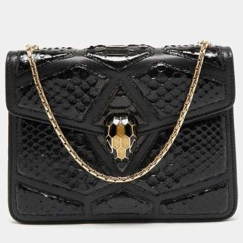 Pre Owned Bvlgari Black Leather and Python Small Serpenti Forever Shoulder Bag