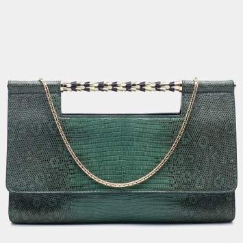 Pre Owned Bvlgari Green Lizard Leather Chain Flap Crossbody Bag
